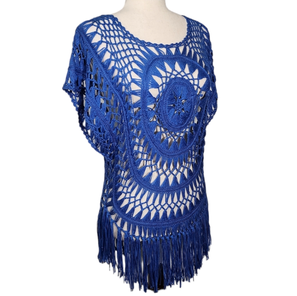 Versona Vila Milano Boho Crochet Cap Sleeve Fringe Pullover Cover-Up Blue XS NEW